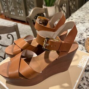 Michael Kors Tan Leather Sandal Wedges with Adjustable Straps